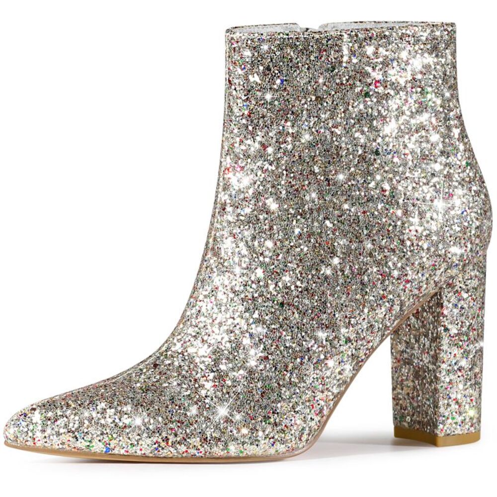Glitter Pointed Toe Chunky Heel Sparkly Booties Silver Ankle Boots